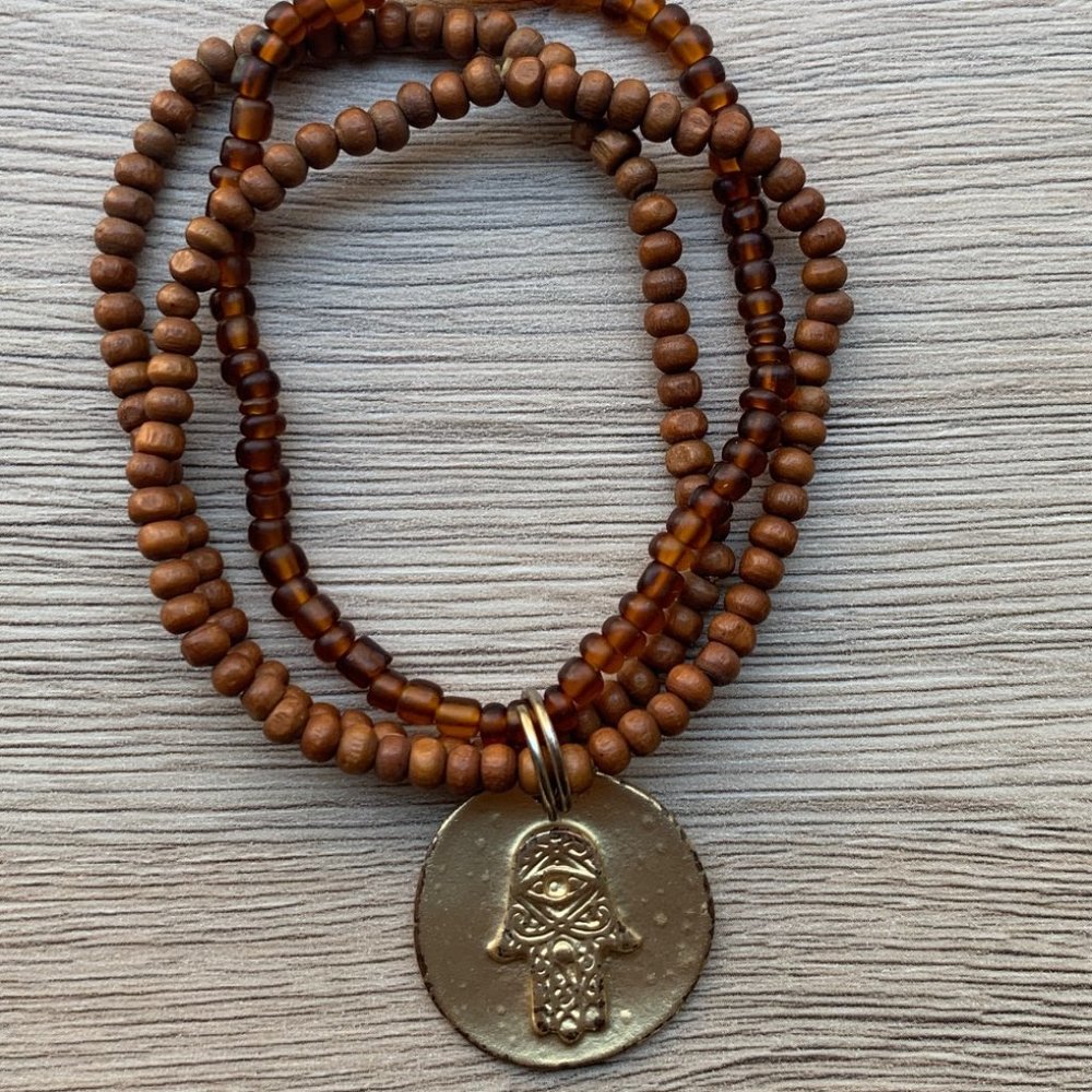 Wood Beaded Hamsa Charm Bracelet